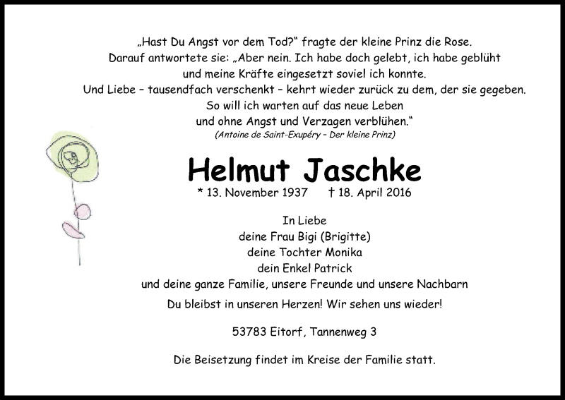  Traueranzeige für Helmut Jaschke vom 23.04.2016 aus Kölner Stadt-Anzeiger / Kölnische Rundschau / Express
