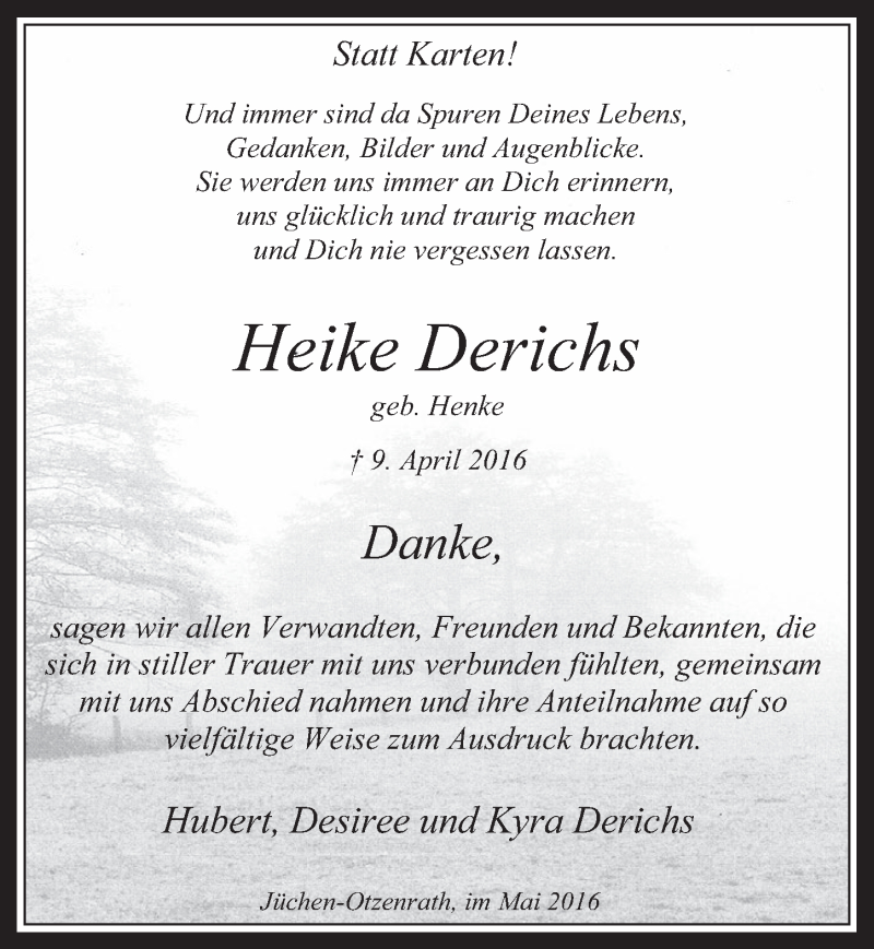  Traueranzeige für Heike Derichs vom 04.05.2016 aus  Werbepost 