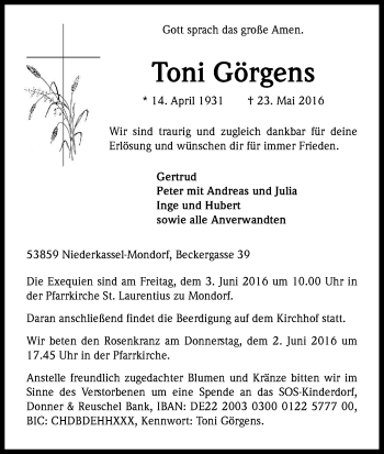 Anzeige von Toni Görgens von Kölner Stadt-Anzeiger / Kölnische Rundschau / Express