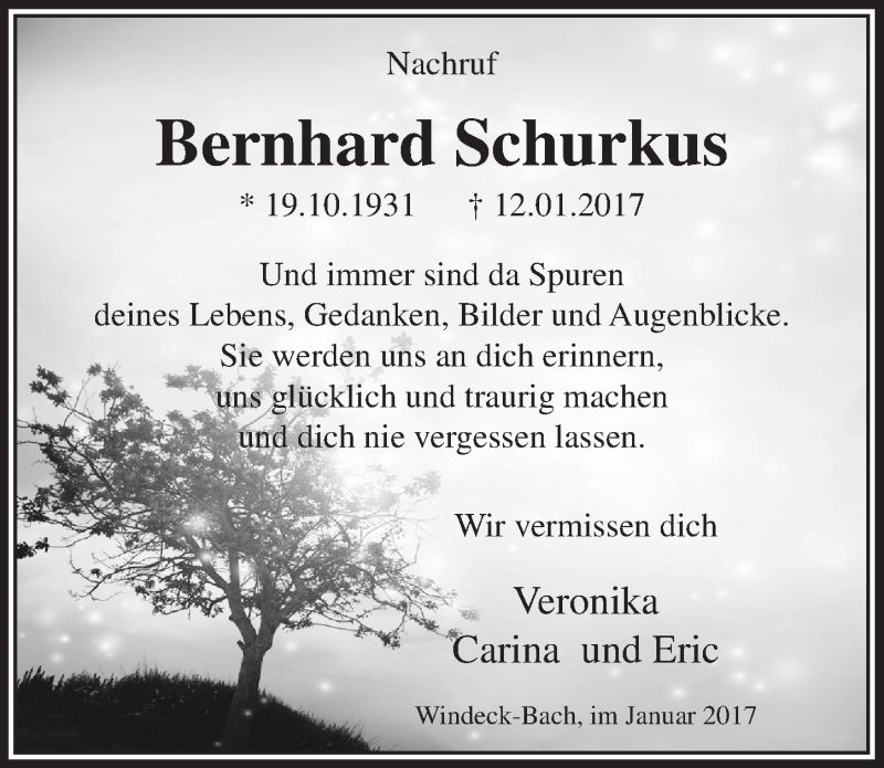  Traueranzeige für Bernhard Schurkus vom 01.02.2017 aus  Lokalanzeiger 