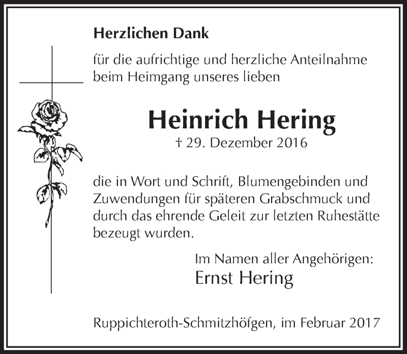  Traueranzeige für Heinrich Hering vom 01.02.2017 aus  Lokalanzeiger 