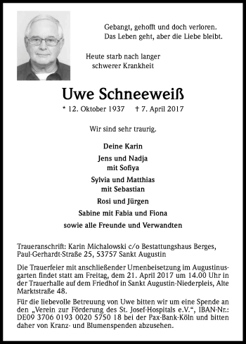Anzeige von Uwe Schneeweiß von Kölner Stadt-Anzeiger / Kölnische Rundschau / Express