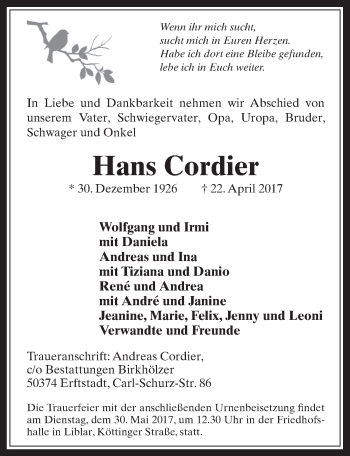 Anzeige von Hans Cordier von  Werbepost 