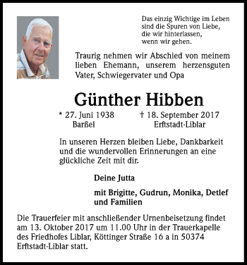 Anzeige von Günther Hibben von Kölner Stadt-Anzeiger / Kölnische Rundschau / Express