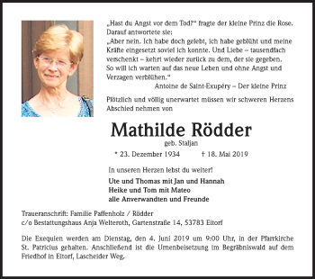 Anzeige von Mathilde Rödder von Kölner Stadt-Anzeiger / Kölnische Rundschau / Express