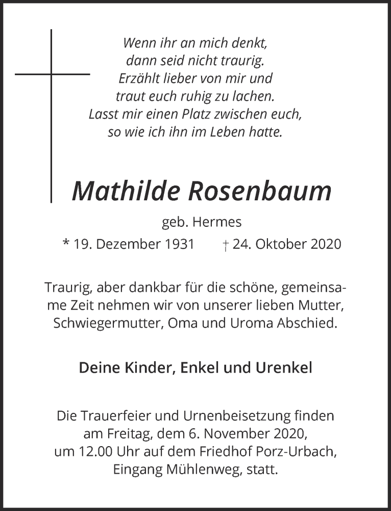  Traueranzeige für Mathilde Rosenbaum vom 30.10.2020 aus  Kölner Wochenspiegel 