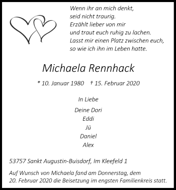 Anzeige von Michaela Rennhack von Kölner Stadt-Anzeiger / Kölnische Rundschau / Express