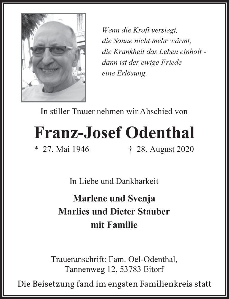  Traueranzeige für Franz-Josef Odenthal vom 18.09.2020 aus  Wochenende 