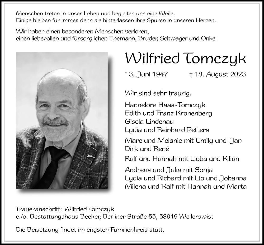  Traueranzeige für Wilfried Tomczyk vom 25.08.2023 aus  Schlossbote/Werbekurier 