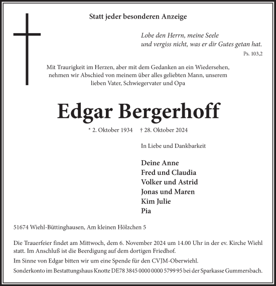 Anzeige von Edgar Bergerhoff von  Anzeigen Echo 