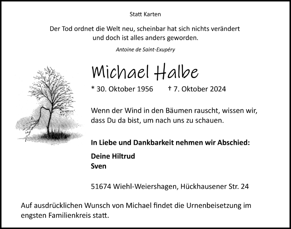  Traueranzeige für Michael Halbe vom 11.10.2024 aus  Anzeigen Echo 