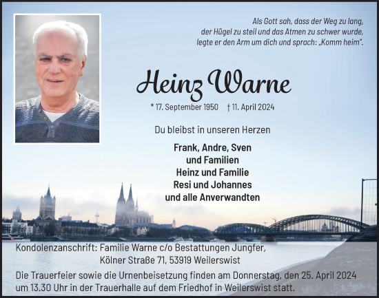 Anzeige von Heinz Warne von  Blickpunkt Euskirchen 