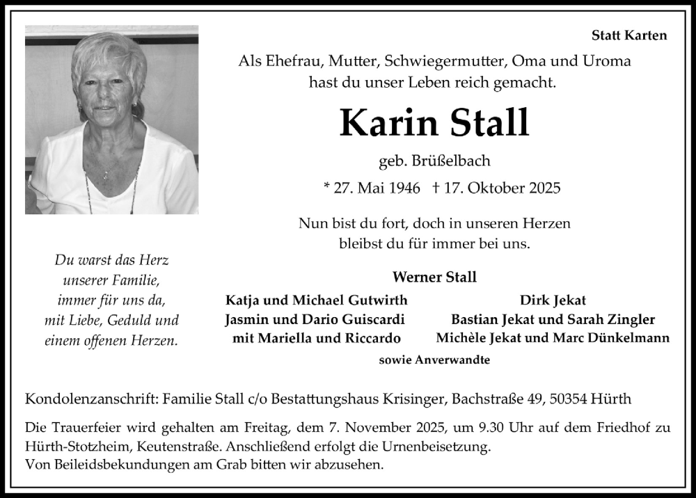  Traueranzeige für Karin Stall vom 24.10.2025 aus  Wochenende 