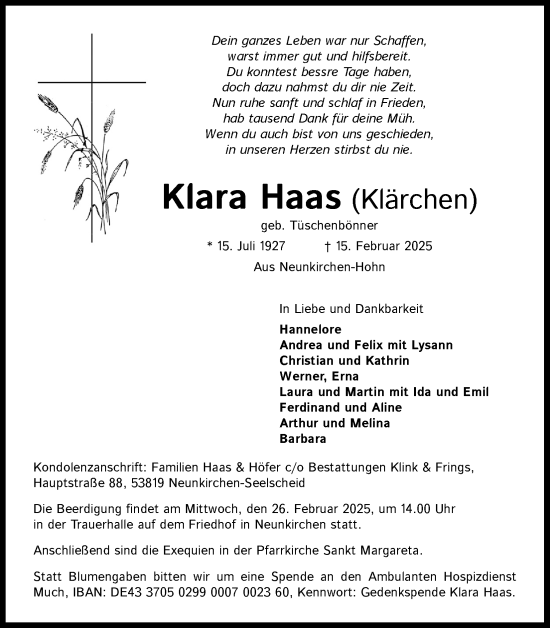 Anzeige von Klara Haas von Kölner Stadt-Anzeiger / Kölnische Rundschau / Express