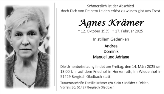 Anzeige von Agnes Krämer von  Bergisches Handelsblatt 