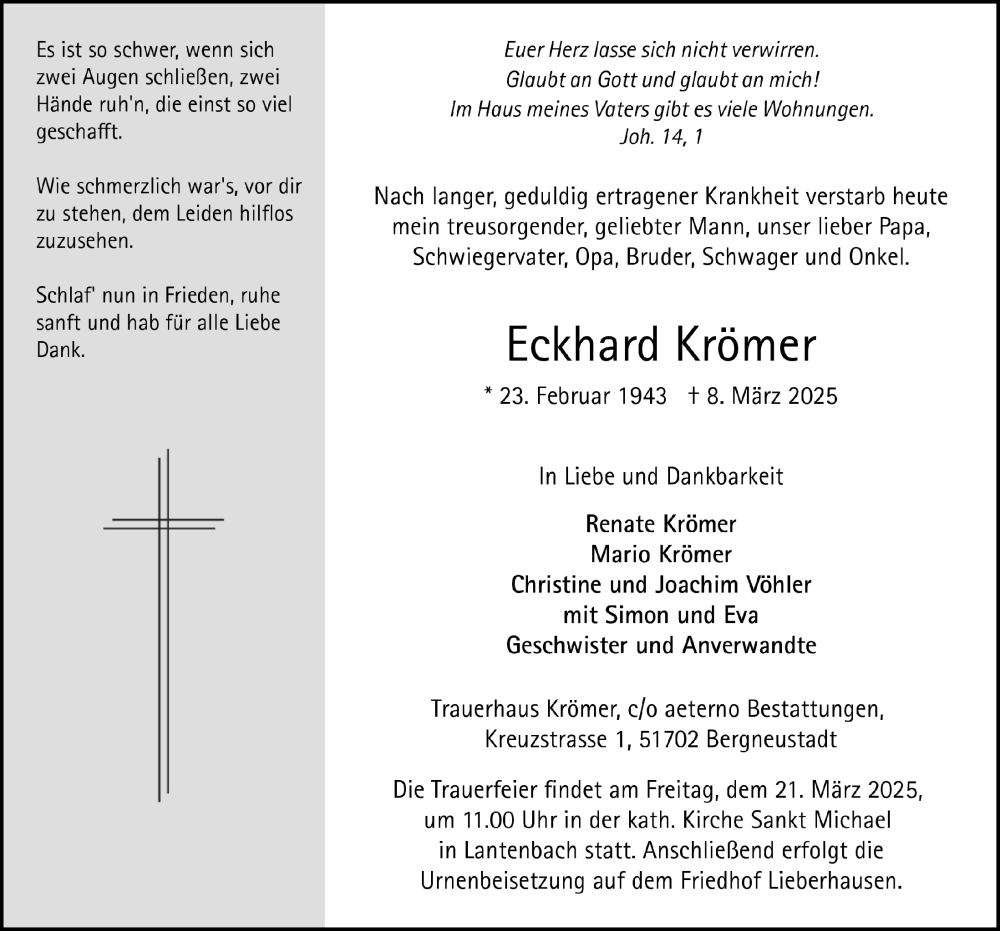  Traueranzeige für Eckhard Krömer vom 14.03.2025 aus  Anzeigen Echo 