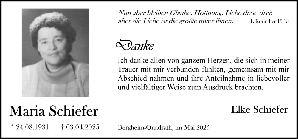  Traueranzeige für Maria Schieffer vom 09.05.2025 aus  Werbepost 