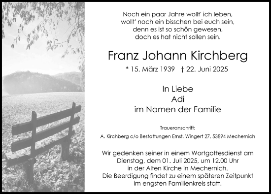 Anzeige von Franz Johann Kirchberg von  Blickpunkt Euskirchen 