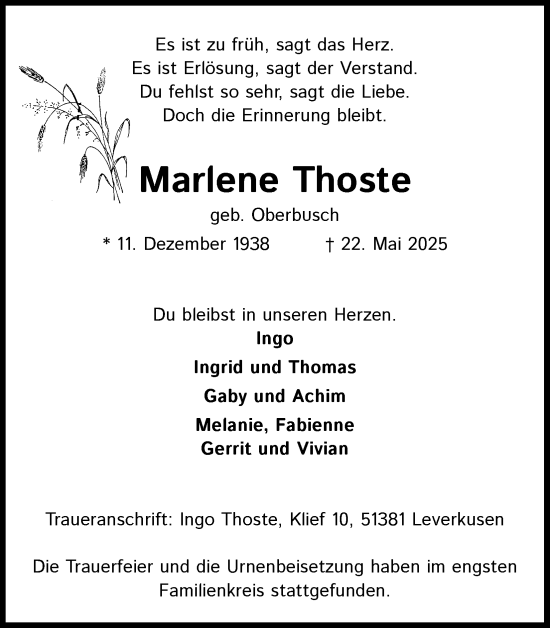 Anzeige von Marlene Thoste von Kölner Stadt-Anzeiger / Kölnische Rundschau / Express