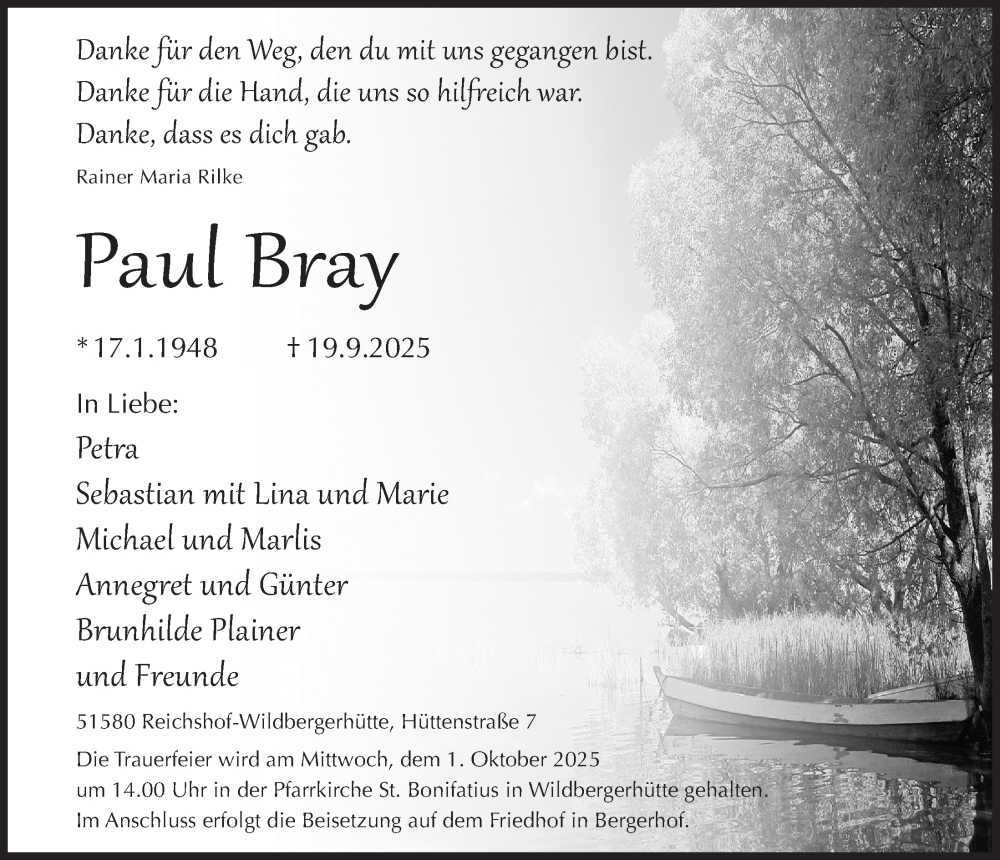  Traueranzeige für Paul Bray vom 26.09.2025 aus  Lokalanzeiger 